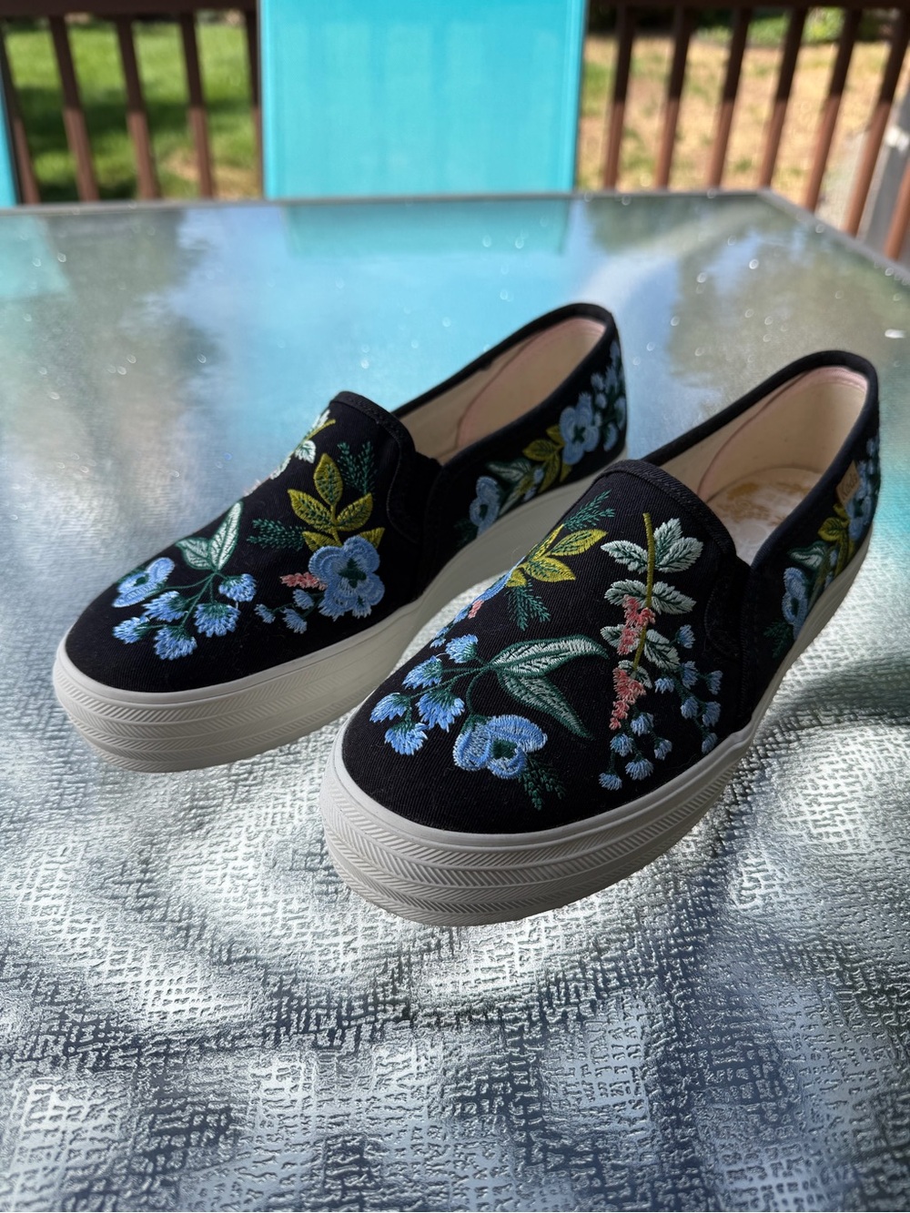 Keds Black Slip-On Mules with Blue & Green Floral Embroidery